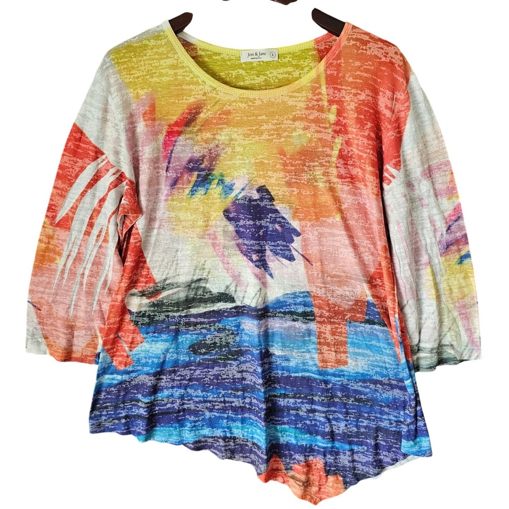 Jess & Jane Womens Multicolor Abstract Burnout 3/4 Sleeve Asymmetrical Top L USA
